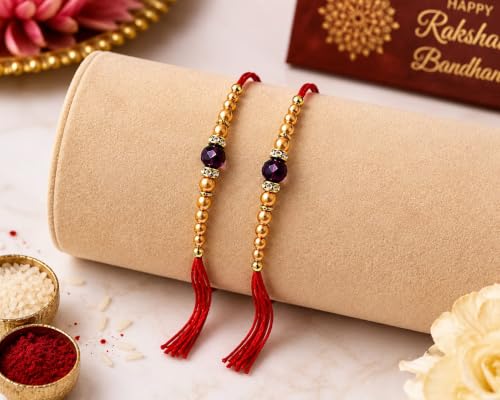 Image of Canfinity Premium Designer Rakhi Set for Brother Pack of 2 | Purple Crystal Beads & Golden Pearl Handmade Rakhi | Traditional Raksha Bandhan Thread Bracelet for Bhai | Fancy Festival Rakhi Gift | Skin Friendly, Lightweight, Comfortable, Durable & Elegant Design for Raksha Bandhan Celebration