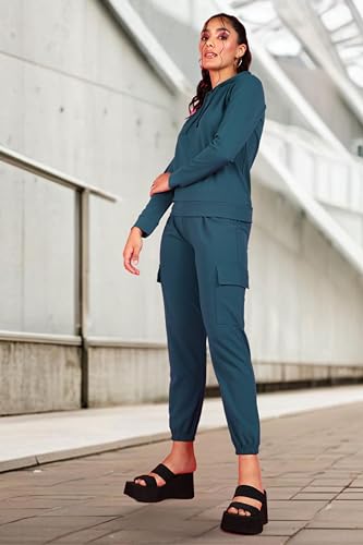 Image of POPWINGS Casual Self Design Solid Sweatshirt and Joggers Co-Ords Set for Women | Trendy Stylish Top and Bottom Set for Women | Women Hooded Sweatshirt and Joggers Set | Women Co Ords Set Summer Wear
