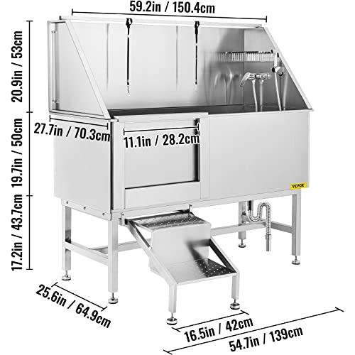 Vevor 62 Inch Professional Grooming Stainless Steel Large Faucet Walk-In Ramp Accessories Dog Washing Station Pet Bath Tub, Silver #TOP7