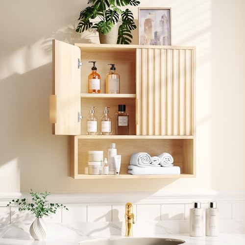 Image of Bonnlo Bathroom Wall Cabinet, Wooden Wall Mounted Medicine Cabinet with 2 Fluted Doors, Open Compartments and Adjustable Shelf, Storage Organiser Over The Toilet for Living Room Kitchen Laundry, Oak