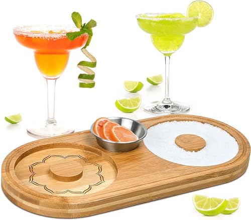 fengman123 Soporte doble de cristal Rimmer Margarita Sal Rimmer, azúcar de bambú con pequeño vaso de acero inoxidable, caja de sal, recipiente para especias, barman herramienta para cócteles y