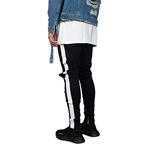 FUOE Men's Casual Slim Fit Denim Jeans Ripped Skinny Distressed Destroyed Side Striped Zipper Holes Pants Jeans3