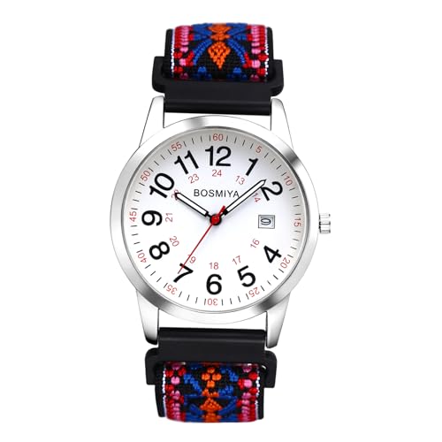 OIDEA Damen Armbanduhr aus Nylon 12/24H: Stilvoll Bunt Armband Analog Quarz mit Silber Großer Arabischer Zifferblatt Uhr Datum im 24-Stunden-Format Geschenk für Frauen Freundin