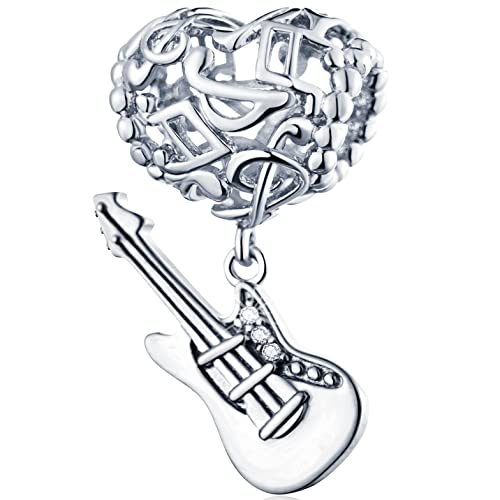 I Love Music Heart Charms Dangle Guitar Charm, 925 Sterling Silver Openwork Musical Note Pendant Beads fit Pandora Bracelet/Necklace, Gift for Musician/Teacher/Son/Best Mum