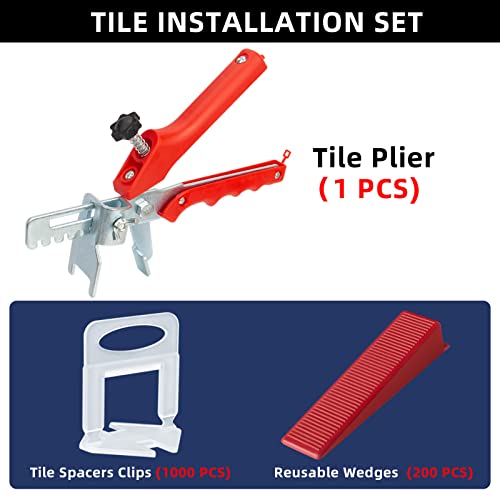 Image of Tile Leveling System with Tile Plier, 1000-Piece Tile Spacers Clips and 200-Piece Reusable Wedges, Tile Leveler Tool Set for Ceramic Tile and Stone Installation (1 /8 Inch Tile Spacers)