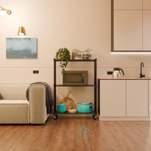 Image of 3-Shelves Wheels Heavy Duty Steel Storage Rack | Multipurpose Shelving Unit for Kitchen, Home & Utility | Black, 3 Shelves Wheels