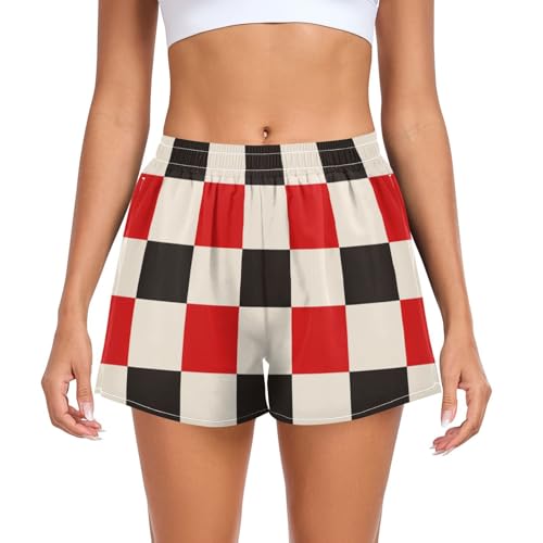 EtherSpher Red and White Checkered Pattern Womens Athletic Shorts Ouick Dry Girls Basketball Shorts for Golf Swim Bike Yoga Jog ropa Deportiva para Mujer L