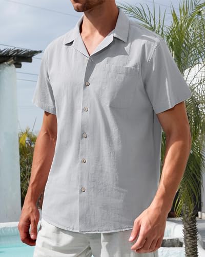 Image of Alimens & Gentle Mens Linen Shirts Cotton Hawaiian Shirts Short Sleeve Button Down Shirts Casual Summer Beach Tops