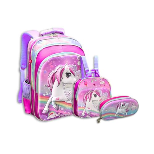 Kit Mochila Infantil Escolar de Costas Rosa Unicornio Asas com alças reforçada e bolso para garrafa Feminino
