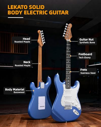 Image of LEKATO Beginner Electric Guitar Kit 39 Inch Full Size Solid Body Guitar SSS for Starter Roasted Maple Neck Stainless Steel Frets, 5w Plug-in Amp, Bag, Tuner, Capo, Strap, Picks, String, Cable - Blue