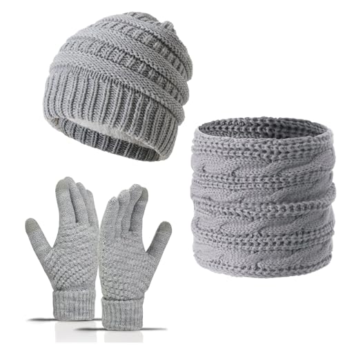 Satiskid Mütze, Schal und Handschuhe Set für Damen, 3 in 1 Set für kaltes Wetter mit thermischer Wintermütze, Rundhalsschal und Touchscreen Handschuhen für Sport und Outdoor Aktivitäten (Grau)