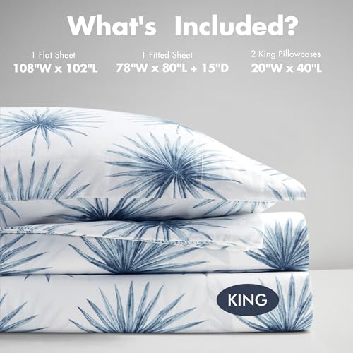 Image of Madison Park 100% Cotton Sheets, King Size, 200TC, Blue Palmetto, 4 Piece