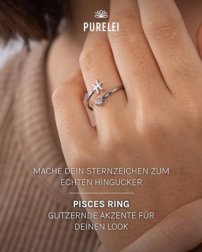 Purelei® Sternzeichen Ring Fisch (Silber) – Wasserfester Damenring aus langlebigem Edelstahl – Verstellbare Ringe von Größe 50 bis 60 – Modeschmuck für deinen individuellen Look