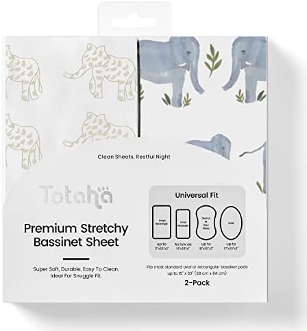 TotAha Premium Stretchy Bassinet Cradle Sheets (2-Pack) -Hypoallergenic, Silky Comfort, Buttery Soft, Calming Effect, All-Season Jersey-Knit Sheets,32 X 16 X 3''(Belgian & Blue Painted Elephant)