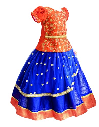 Image of Girls Designer Lehenga Choli Set Orange Rani Pink Readymade Pattu Pavadai Style Traditional Ethnic Dress for Baby Girls Kids Festive Wedding 3Months-8 Years