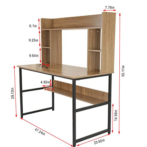 Computer Desk with Bookshelf 47 Inches Modern Writing Desk with Hutch Storage Shelves Home Office PC Laptop Study Table Workstation (Ship from US) (47x22.4x54.3 in, Brown) - Thumbnail 4