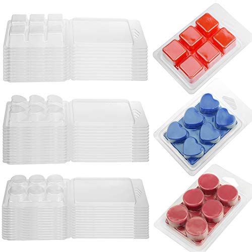 MILIVIXAY 50Pack Wax Melt Containers-6 Cavity Clear Empty Plastic Wax Melt Molds-20 Pack Square Molds - 20 Pack Heart Molds - 10 Pack Round Molds - Clamshells for Tarts Wax Melts.