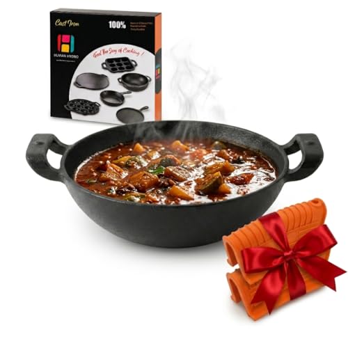 Image of Human Hydro Cast Iron Kadai /Kadhai 25cm (2.2L) Deep Wok | Naturally Non-Stick When Seasoned | Gas & Induction Compatible | Silicone Handles | Deliq Series