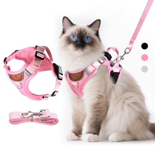 LUOJINYI Verstellbares Katzengeschirr mit Leine Ausbruchsicher, Katze Brustgeschirr mit Reflektierend Streifen & Atmungsaktiv Netzgewebe, Softgeschirr...