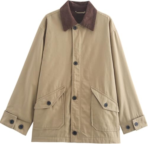 MOLERFO Oversized Barn Jacket for Women Corduroy Lapel Collar Button Down Casual Canvas Jacket Outwear