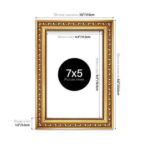 Almost Frameless 7x5 Gold Ornate Picture Frame 7"x5"(17.7x12.7cm) Poster, Photo, Artwork, or Print. Shabby Chic Style Portrait and Landscape Display with Wall Hooks