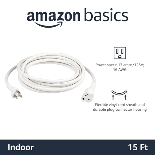 Image of Amazon Basics Indoor Extension Cord, 3 Prong Outlet Extender Power Cord, 13 Amps, 125V, 15 Foot, White, 2-Pack