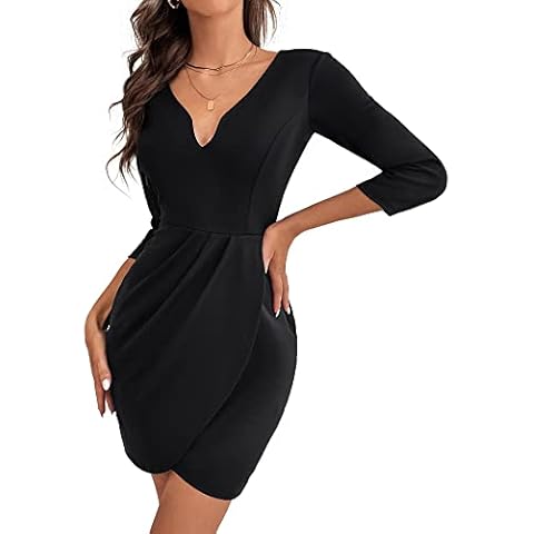 Sakaly Women's Casual Fall Dresses 2022 Deep V-Neck 3/4 Sleeve Cocktail Party Bodycon Ruched Waist Mini Dresses SK393, Black Solid, Medium Cover