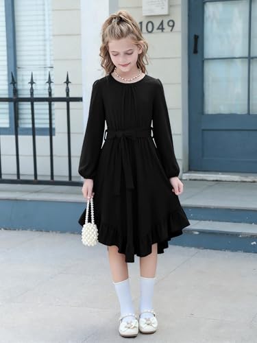 Girls Boho Dress Teen Long Sleeve Lace Backless Tie Back High Low Swing Pocket Dresses with Belt Size 5-16 Years
