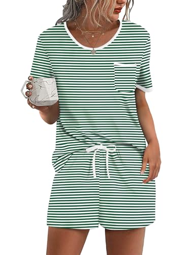 Image of Ekouaer Pajama Set for Women 2 Piece Lounge Set Short Sleeve Tops and Shorts Soft Sleepwear, Chest Pocket