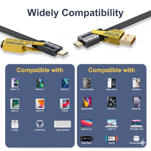 Image of 120W 4-in-1 Multi Charging Cable, Braided Fast Charging Cord with USB to I, USB to C, C to C & I to C, Nylon Charger Cable Compatible with iPhone, Samsung, OnePlus, Android Phones - Yellow