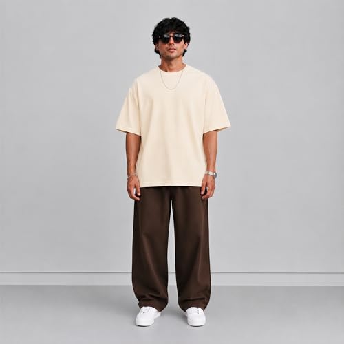 Image of PeaceOut Oversized T Shirt for Men | 240 GSM Heavyweight Cotton T Shirt | Drop Shoulder Oversized Tshirt for Men | Baggy Loose Fit Streetwear Round Neck Half Sleeve Casual Wear