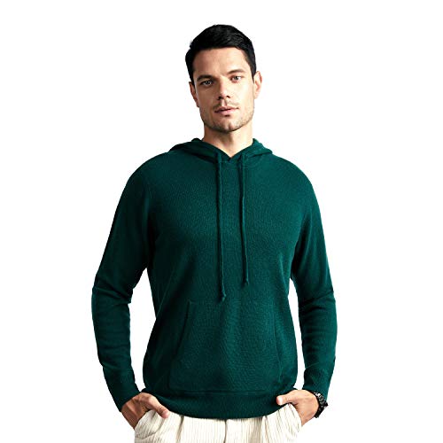 BEYOND FASHION Men's 100% Pure Cashmere Sweater Pocket Hoodie Pullover Dark Green M