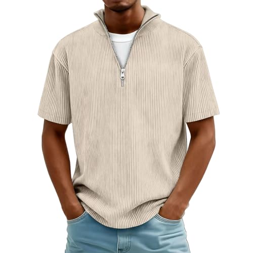 Xiaojmake Mens Quarter Zip Corduroy Pullover Oversized Mock Neck Ribbed Sweatshirts Lightweight Short Sleeve Polo Sweaters Khaki