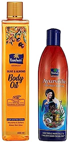 Image of Olive & Almond Body Oil By Parachute Advansed For Nourished Glowing Skin,400 ml & Parachute Advansed Ayurvedic Coconut Hair Oil with Neem, Amla, Bhringraj & 22 Natural Herbs |300ml
