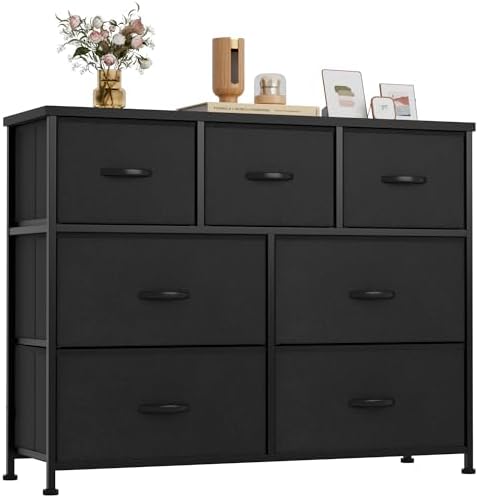 Shahoo Fabric Dresser for Bedroom with 7 Drawers & Strong Frame, TV Stand, Cloth Organizer for Office, Entryway, Dorm, Medium, Black
