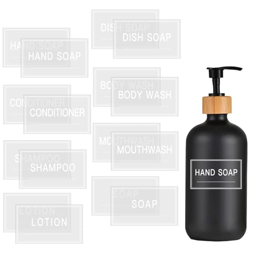 48PCS Clear Waterproof Labels for Bottles Bathroom Hand Soap Shampoo and Lotion Stickers Removable Transparent Bottle Label for bodywash and Conditioner Dispenser (White on Clear)