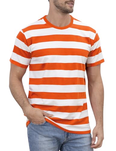Opiniones y reviews de Playera Naranja , tabla con los diez mejores. 48 Funny World - playera de algodón a rayas para hombre, cuello redondo, manga corta, básica, informal, para hombre, Naranja y blanco, X-Large
