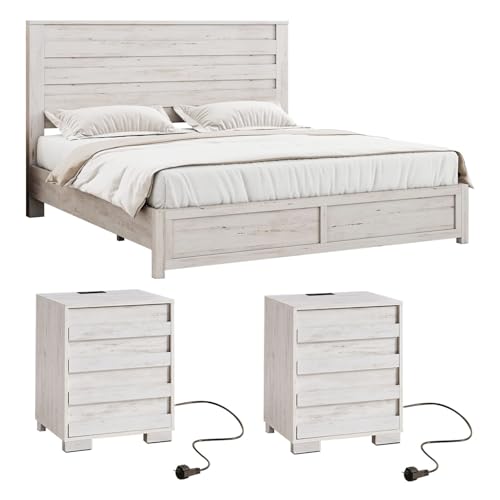 LUXOAK 3 Pcs Bedroom Furniture Sets, Farmhouse Queen Size Bed Frame with 49' Tall Headboard and Nightstand Sets of 2 with Charging Station, Slated Handles & Stainless Steel Feet, Distressed White