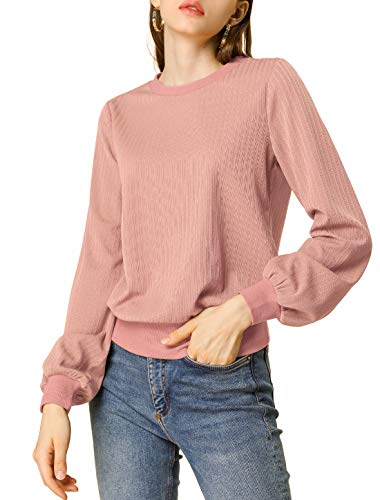 Allegra K Women's Lantern Sleeve Tops Crewneck Winter Retro Ribbed Pullover Sweater Large Pink #TOP18