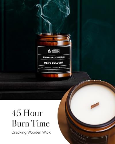 Scented Candles for Men | Men's Cologne, Amber Sandalwood Scent | Wood Wick, Long Lasting, Masculine Scents | Natural Soy Jar Candle for Home, Mancave & Bacehlor Pad | The Perfect Mens Gift