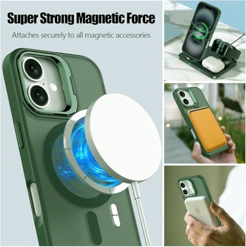 Image of Elzzi Translucent Matte Kickstand Case for iPhone 17, Built-in Adjustable Camera Stand, Translucent Matte Magnetic Mag-Safe Shockproof Phone Cover (Green)