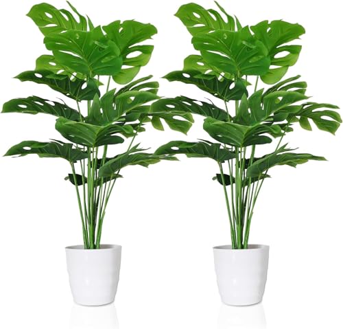 Image of Dekorly Plastic Fake Plants Artificial Floor Plants Large Tropical Palm Tree Tall Monstera Plant in Pot Faux Plants for Indoor Outdoor Home (Monstera | White Pot, Pack of 2)
