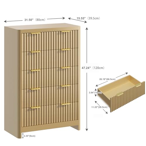 Image of Natural Oak Dresser with 5 Deep Drawers, 47 inch Tall Fluted Chest of Drawers, Round Edge, Modern Vertical Dresser, Wooden Storage Organizer Cabinet for Bedroom, Living Room, Entryway, Hallway
