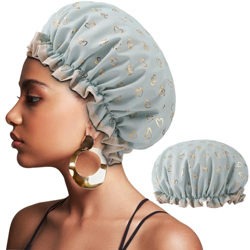 Cuffia da doccia a doppio strato per donna, impermeabile e riutilizzabile con fascia elastica, bordi arricciati che coprono le orecchie per capelli lunghi, corti e ricci (Cuore Verde)
