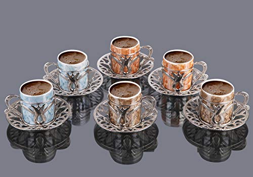 LaModaHome Espresso Coffee Cups with Saucers Set of 6, Porcelain Turkish Arabic Greek Coffee Cups and Saucers, Coffee Cup for Women, Men, Adults, New Home Wedding Gifts - Mixed Color/Silver
