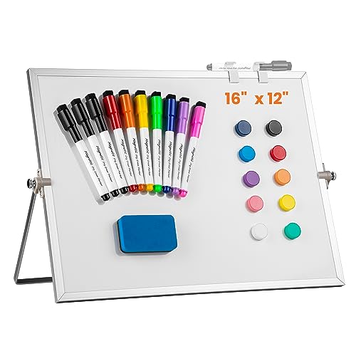 Dry Erase WhiteBoard, Aisuoker 16 x 12inch Magnetic Desktop Whiteboard with Stand, 10 Markers, 10 Magnets and 1 Eraser, Portable Double-Sided White...
