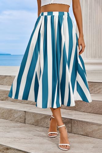 Image of Cicy Bell Womens Summer Striped Maxi Skirts A-Line Beach Vacation Outfits | Elastic Waist, Side Pockets, Flowy, Midi Length, Color Contrast, Trendy Casual
