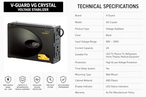 Image of V-Guard VG Crystal Stabilizer for LED / Plasma TV | Black | Home Theatre & Medical Equipment | 90V-290V Working Range | 2A Capacity | High & Low Voltage Protection