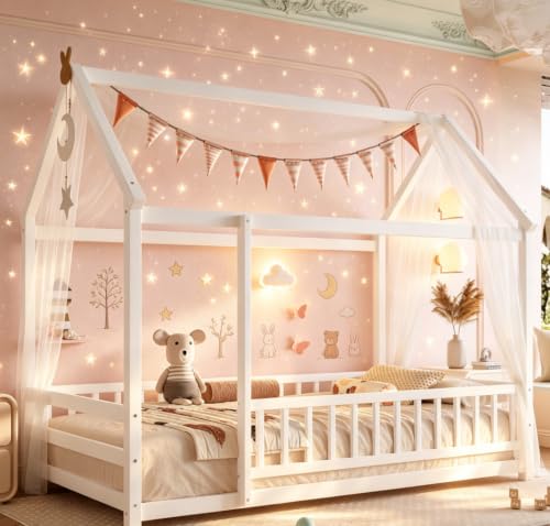 Bellemave Twin House Bed for Kids, Wooden Kids Floor Bed with Rails, Montessori Floor beds with high guardrail Without slats, White