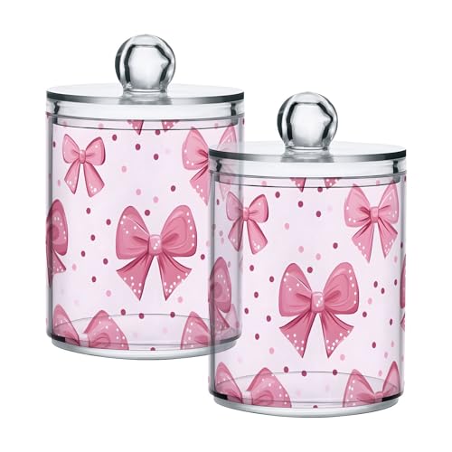 PYBUG Pink Bows Qtip Holder with Lid,2Pack Clear Plastic Apothecary Jars Bathroom Storage Containers for Cotton Swab,Cotton Ball,Floss Picks,Tea,Coffee